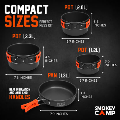 10 Pcs Smokey Camp Backpacking Cooking Set with Stove & Adapter - 3 Pots Large Medium Small 1 Large Pan 1 Stove 1 Adpater, Compact Non-Stick Camping Cookware Mess Kit, All in One Hiking Picnic Outdoor