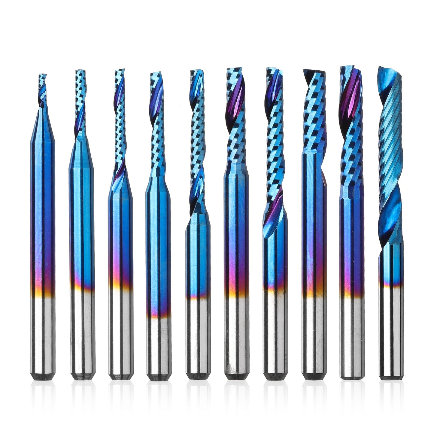 Genmitsu 1/8 Inch Shank 10pcs Carbide Spiral O Flute (Single Flute) End Mill CNC Router Bits, Solid Nano Blue Coat, for Woodworking Cutting Carving Wood Acrylic PVC PCB MDF, OS10A