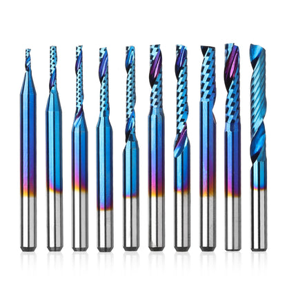 Genmitsu 1/8 Inch Shank 10pcs Carbide Spiral O Flute (Single Flute) End Mill CNC Router Bits, Solid Nano Blue Coat, for Woodworking Cutting Carving Wood Acrylic PVC PCB MDF, OS10A