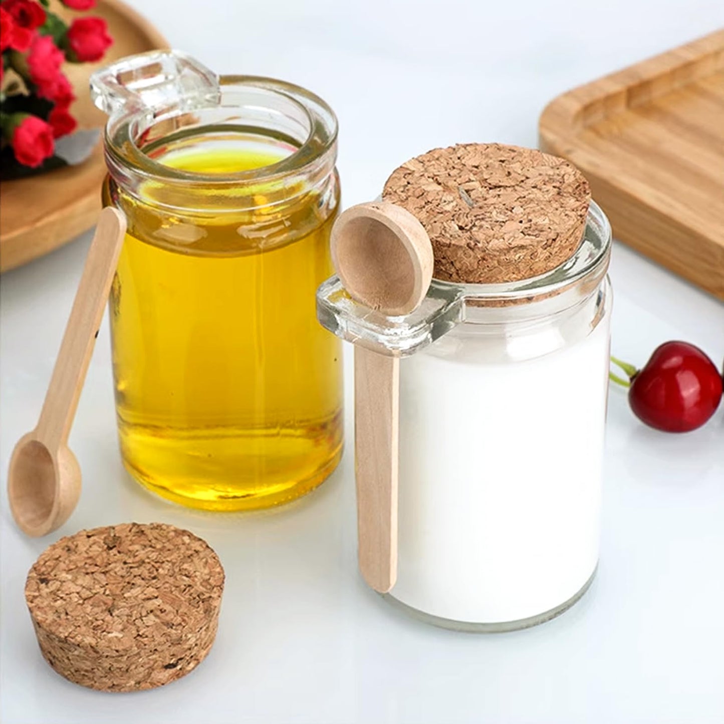 Bath Salt Container, 8.5oz/250ml Bath Salt Jar, Glass Jar with Lid And Spoon, Salts Glass Storage Containers With Spoon, with Bamboo Lids Scoop Airtight Spice Sugar Containers Jars for Candy Spice (8)