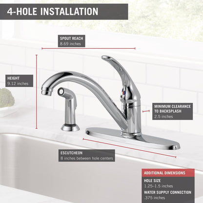 Delta Classic Chrome Kitchen Faucet with Side Sprayer, Contemporary 4 Hole Kitchen Sink Faucet, Single Handle, Chrome 400-DST