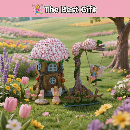Landoraloria Miniature 8 Pcs Mini Garden Furniture, Fairy Garden Accessories Kit, Resin Figurines with Swing Set, Whimsical Theme, for Outdoor Patio, Yard, Lawn, or Desk