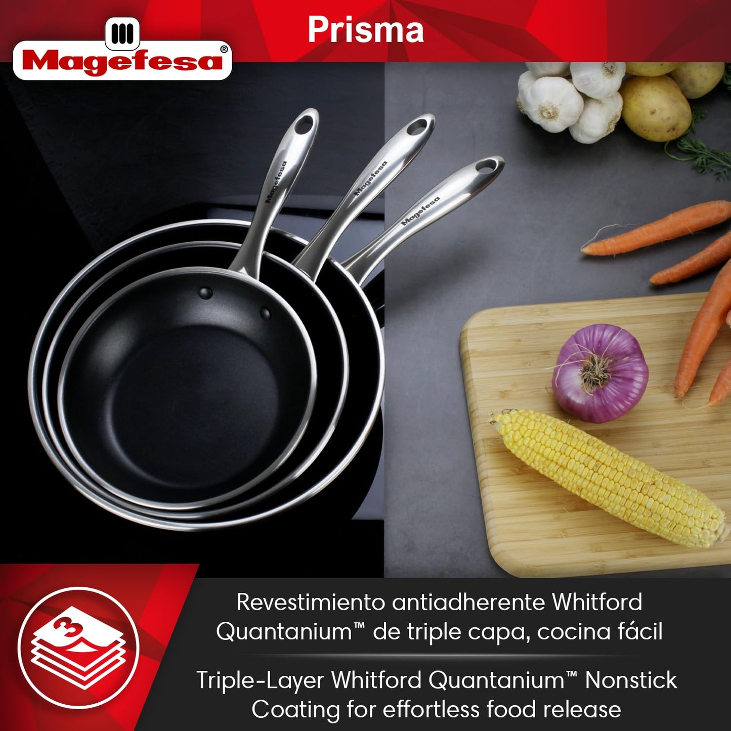 Magefesa Prisma Frying Pan Set, 7.9", 9.4" & 11", 18/10 Stainless Steel, Triple-Layer Nonstick, Works on All Stovetops Including Induction, Oven Safe to 392°F, Dishwasher Safe, Durable Skillets
