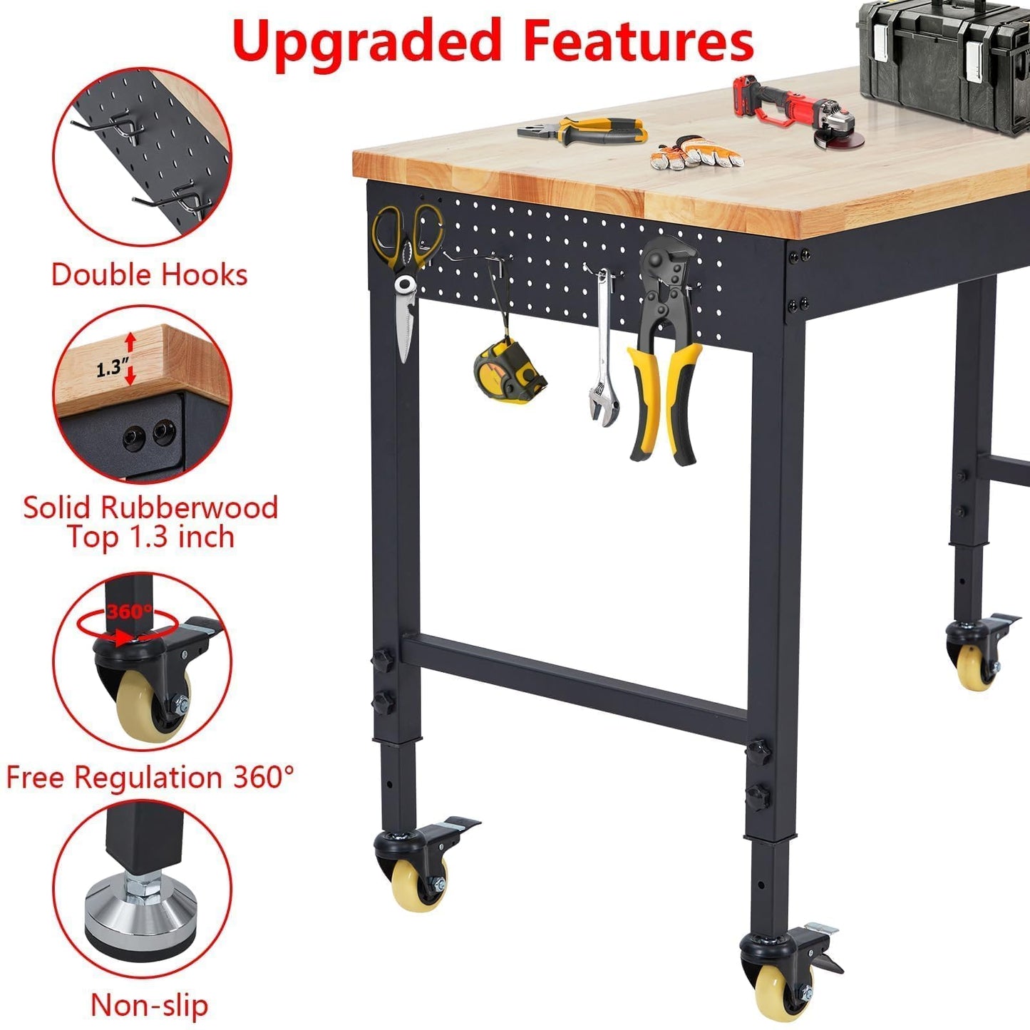 72” Adjustable Workbench with Drawer & Backplate, Heavy Duty Rolling Work Table, 2000 LB Capacity, Rubberwood Top, Power Outlets, Lockable Wheels, Garage Workshop Workbench with Storage