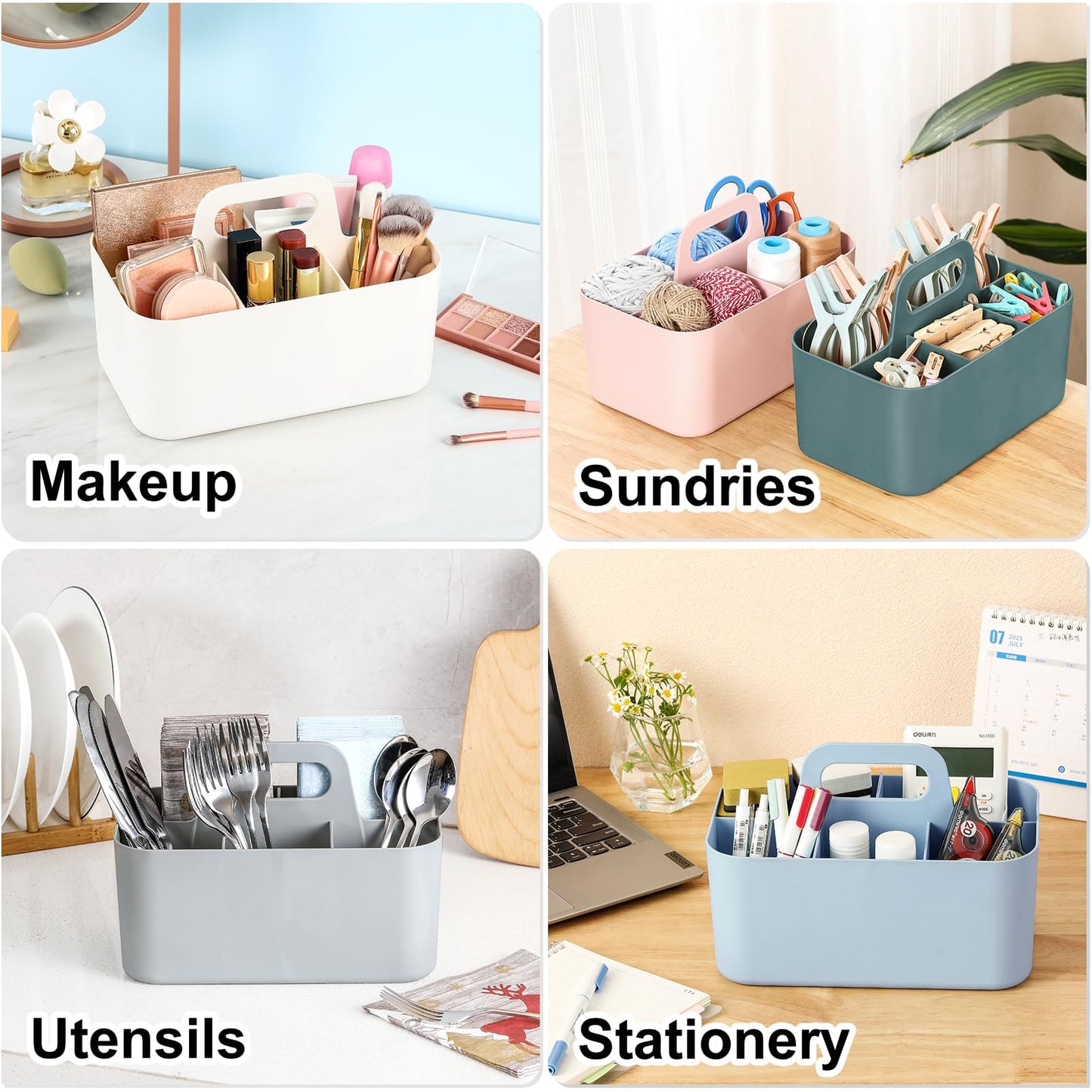 Multiuse Caddy Organizer with Handle, Portable Divided Plastic Tote Bin - Art Craft, Stationary Pen Marker Crayons, Makeup Hair Supplies Storage - Bathroom, Classroom, Dorm, Office, Desk Holder - Cyan