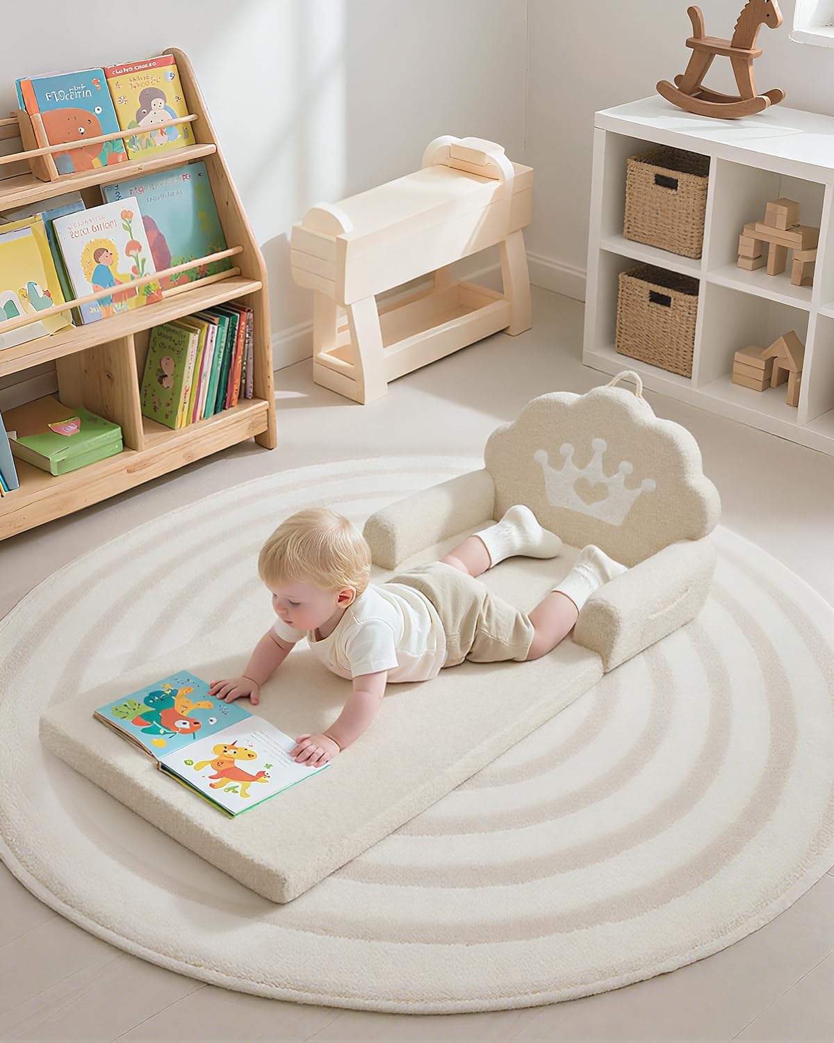 2-in-1 Cozy Kids Couch Fold Out, Soft Teddy Sherpa Toddler Couch with Crown Design, Convertible Kids Sofa to Lounger