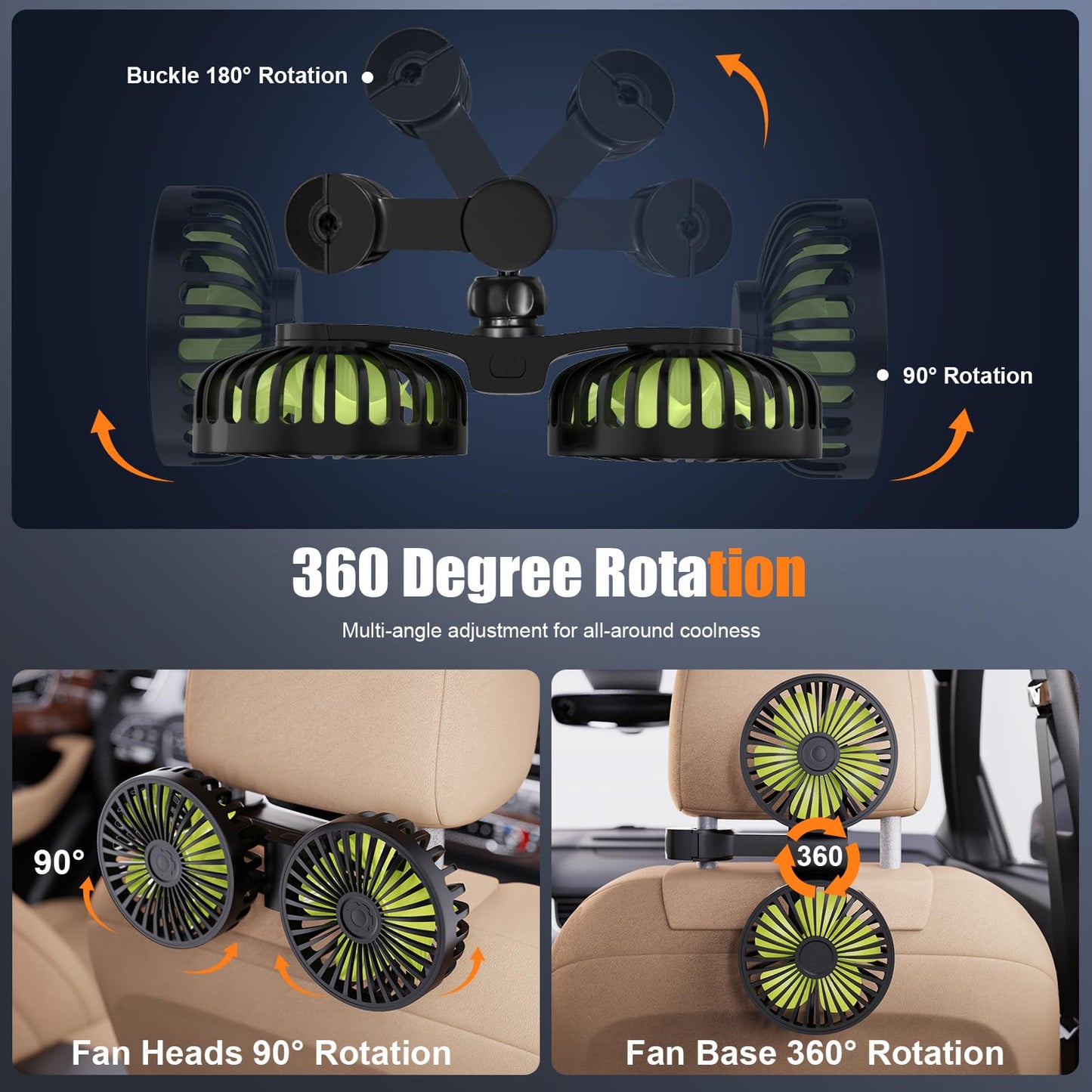 Hayousui USB Car Cooling Fans for Backseat: Dual Head Car Fan for Kids 3 Speeds 360° Rotatable Vehicle Rear Headrest Fans 5V Powerful Electric Air Circulation Fan for Sedan SUV RV Truck (USB Plug)