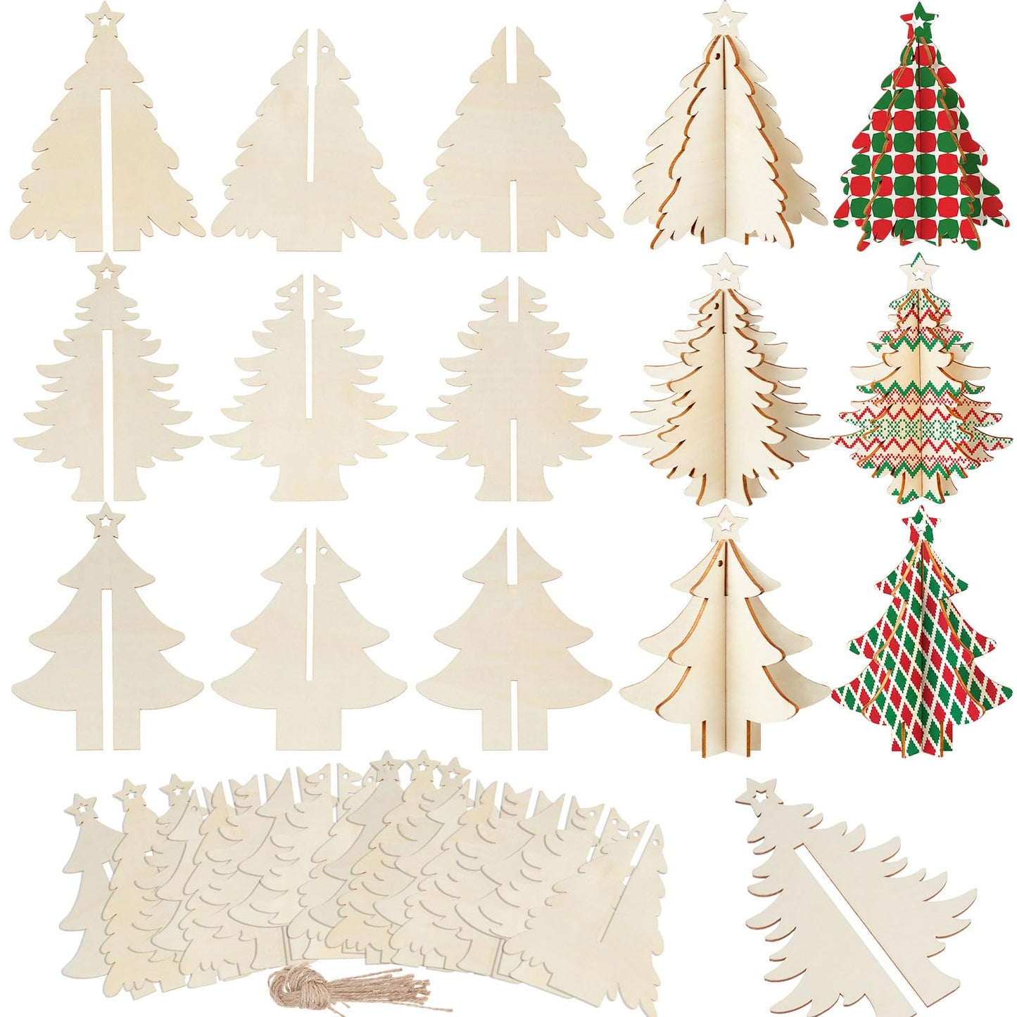 Chunful 36 Pcs Christmas Tree Wooden Crafts DIY 3D Christmas Tree Sign Xmas Unfinished Wood Cutouts Crafts Ornaments Blank Wooden Slices Hanging Decoration for Xmas Holiday Tabletop Gift
