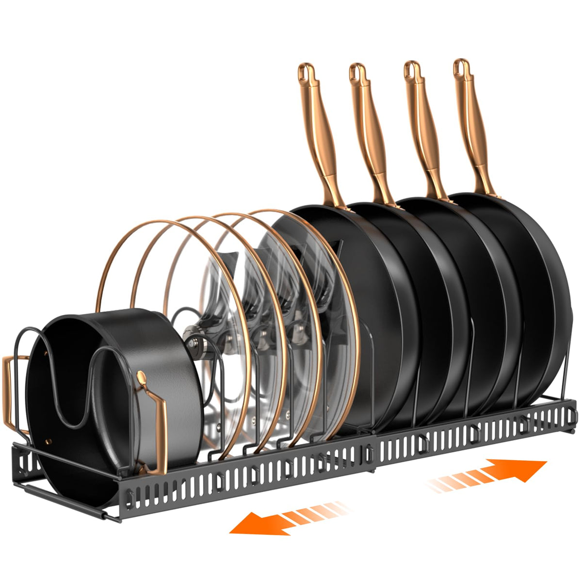 MUDEELA Pots and Pans Organizer Rack for under Cabinet, Expandable 11.81''-22.85'' Pot Lid Kitchen Cabinet Organizer Holder with 10 Adjustable Compartment Cutting Board Organizer for Pan Lid, Bakeware