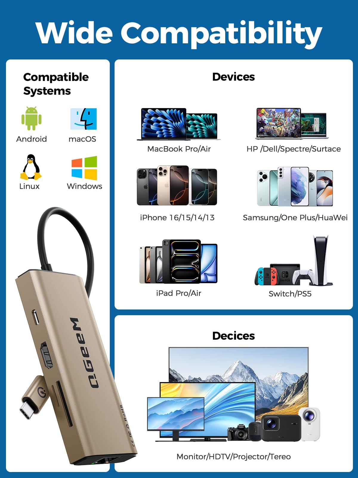 QGeeM USB C Hub Ethernet,9 in 1 USB Type C Hub HDMI Multi-Port Converter Adapter,100W Pd, USB 3.0,SD/TF Card Reader,Compatible for MacBook Pro Air Ipad HP Dell Lenovo Chromebook etc.