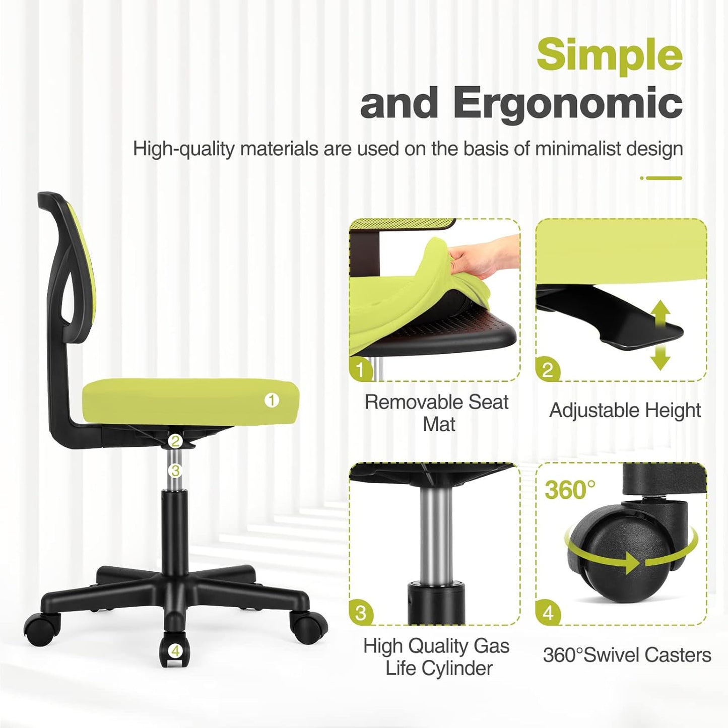 Home Office Chair Mesh Armless Computer Desk Chair, Ergonomic Task Rolling Swivel Chair with Lumbar Support, Green