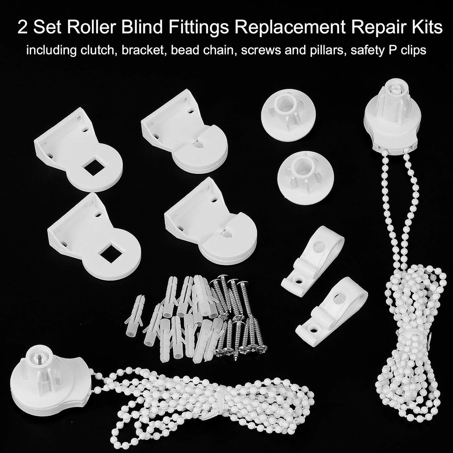 SelfTek 2 Set 25mm Roller Blind Fittings Plastic Brackets with Beaded Chain Replacement Repair Kit