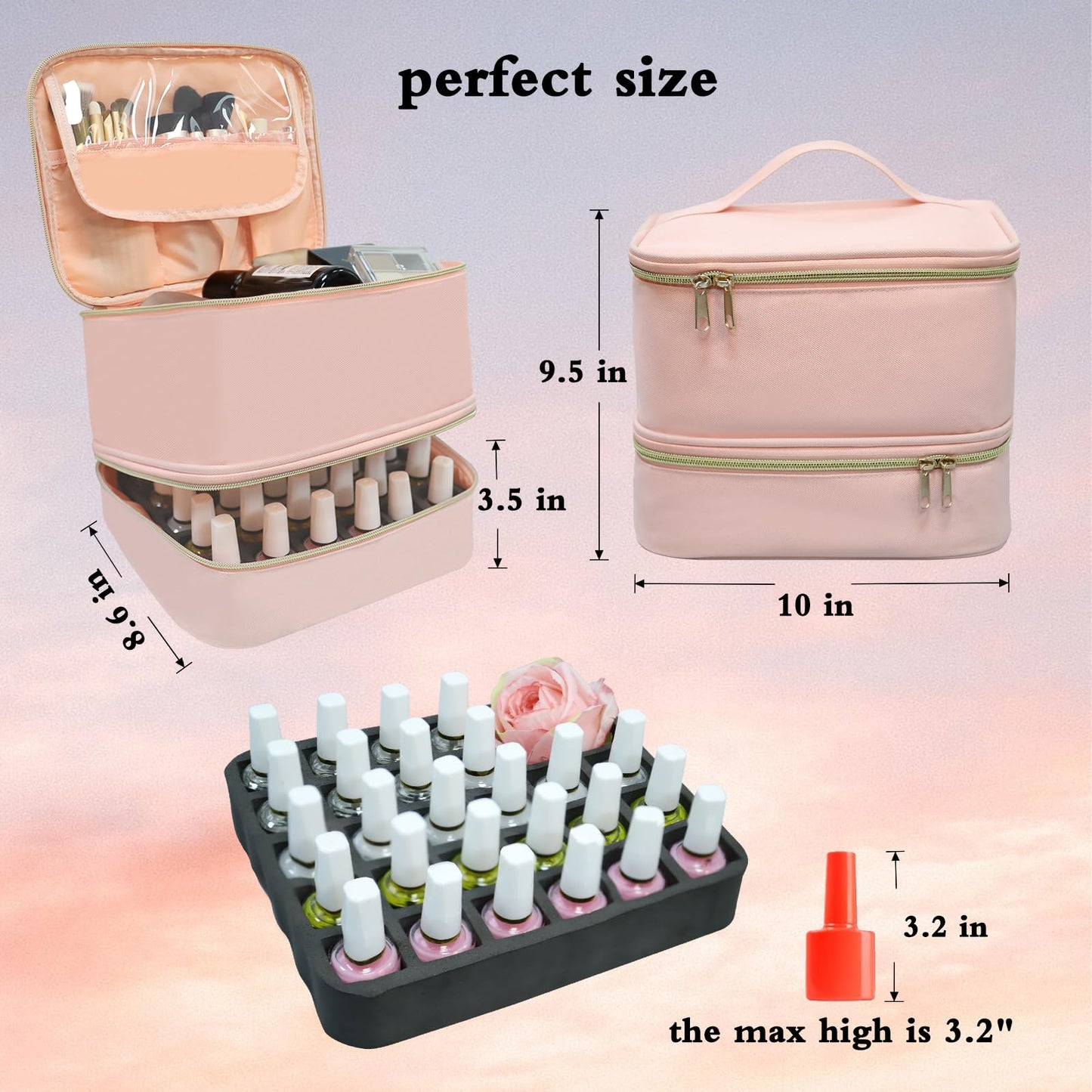 Nail Polish Organizer Case, Double-Layer Storage Holds 30 Bottles + UV LED Nail Lamp, Professional Manicure Kit Carrying Bag with Removable Dividers, Portable Travel Nail Art Supplies Organizer (Pink)