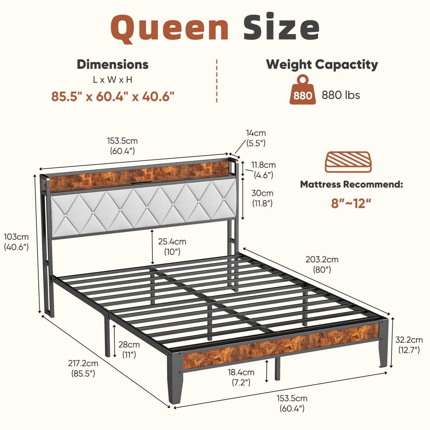 UOCFYK Queen Bed Frame, Platform Bed Frame with Storage Headboard with Charging Station, All Sturdy Metal Support, No Box Spring Needed, Easily Assemble, Grey + Brown