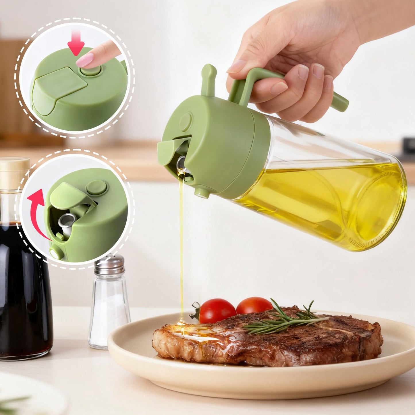 RMNJPW 2Pcs Glass Oil Sprayer for Cooking 16oz/470ml, Kitchen Gadget for Air Fryer, Salad, BBQ, Frying（White） (Black+Green)