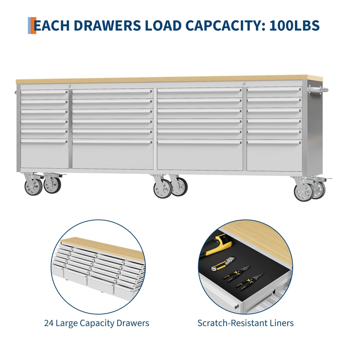 PeakPursuit 96" Rolling Tool Chest with 24 Drawers, Solid Rubber Wood Workbench Top, Locking Wheels & Key Lock, Mobile Garage Storage Cabinet for Workshop Organization, Silver