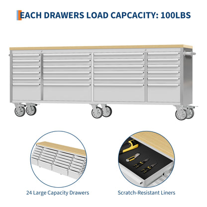 PeakPursuit 96" Rolling Tool Chest with 24 Drawers, Solid Rubber Wood Workbench Top, Locking Wheels & Key Lock, Mobile Garage Storage Cabinet for Workshop Organization, Silver