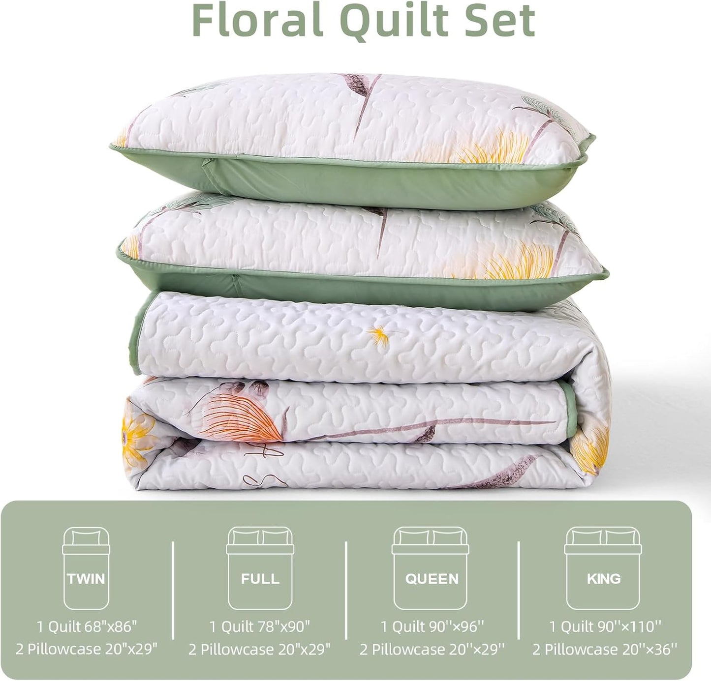 Set 2 Set Sets 68"x86" Dinjoy Floral Quilt Twin Size,Sage Green Bedspreads for Girls Pieces Cute Botanical Bedding