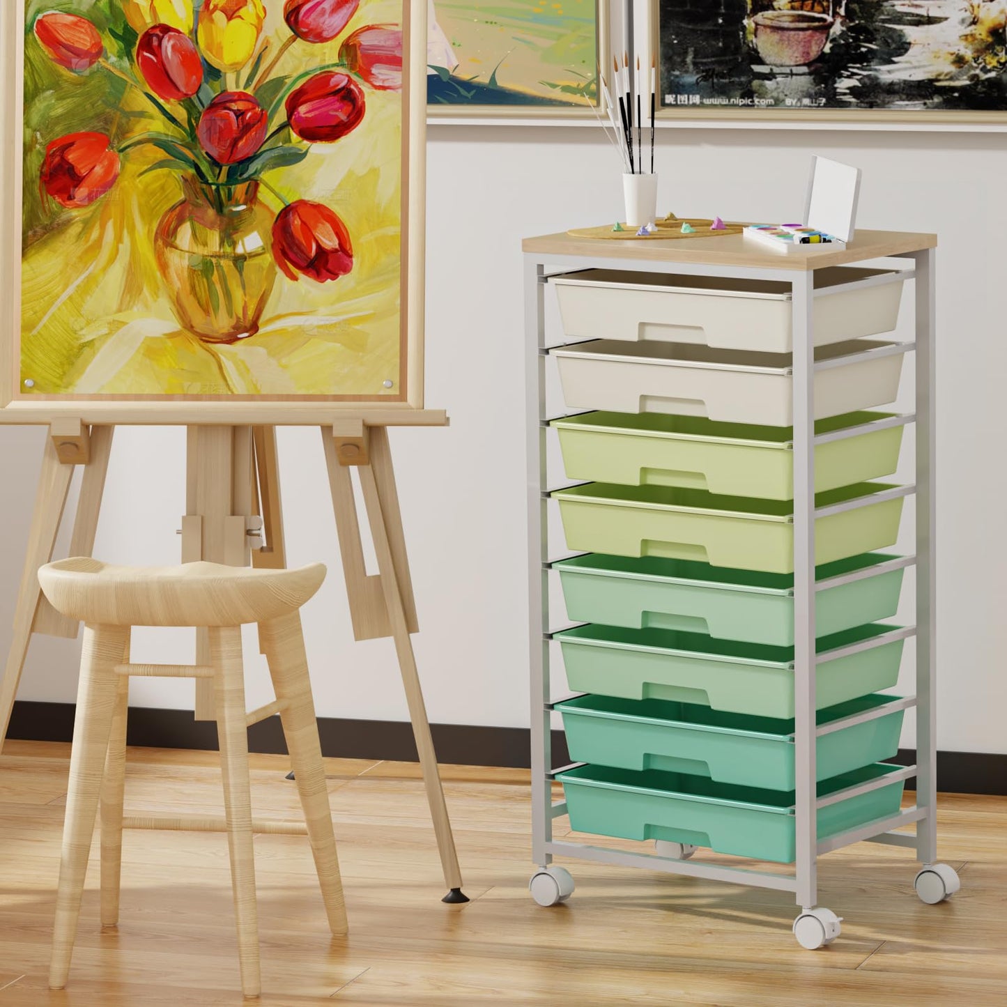 Rolling Storage Cart with 8 Drawers & Wooden Tabletop, Utility Cart On Wheels for Craft Storage, Home, School, Bedroom, Living Room, Dorm, Office, Classroom Storage Organizer Cart, Green, White