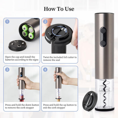 4 Battery Operated Electric Wine Opener by ELMWAY - Stainless Steel Electric Corkscrew with LED Light & Foil Cutter