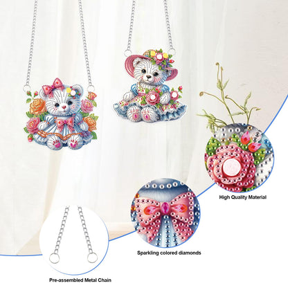 2 Pcs Diamond Painting Hanging Ornaments – Cute Teddy Bear Doll Design with Floral Patterns, DIY Acrylic Craft Kit for Home Decoration, Gifts & Crafts