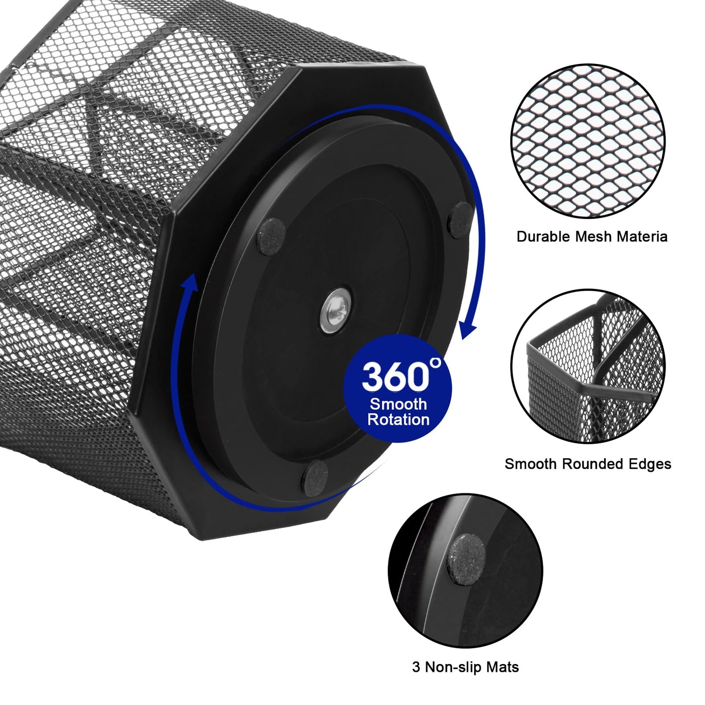 Comix 360° Rotating Pen Holder for Desk, 5 Compartments Office Desk Organizer, Black Mesh Metal Pencil Holder Cup for Office Home School