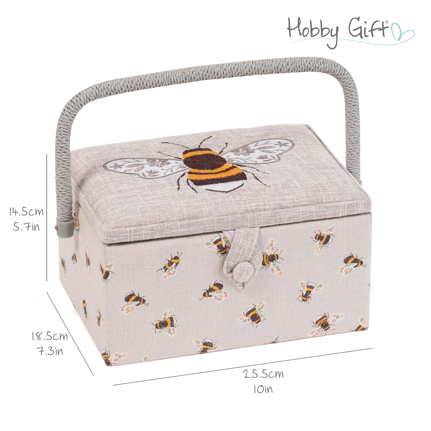 Hobby Gift Medium Sewing Box Organiser, Fabric Covered Storage Box with Handle, Internal Tray, Pin Cushion and Pocket for Sewing, Quilting and Knitting Supplies