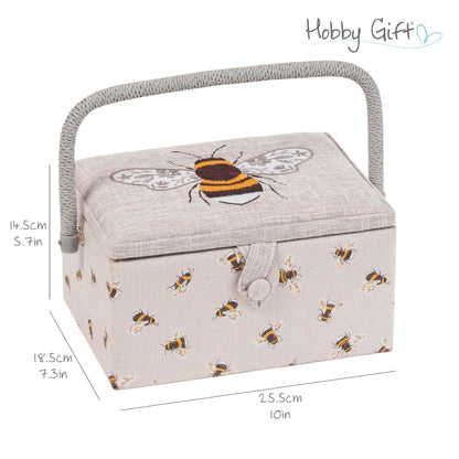 Hobby Gift Medium Sewing Box Organiser, Fabric Covered Storage Box with Handle, Internal Tray, Pin Cushion and Pocket for Sewing, Quilting and Knitting Supplies