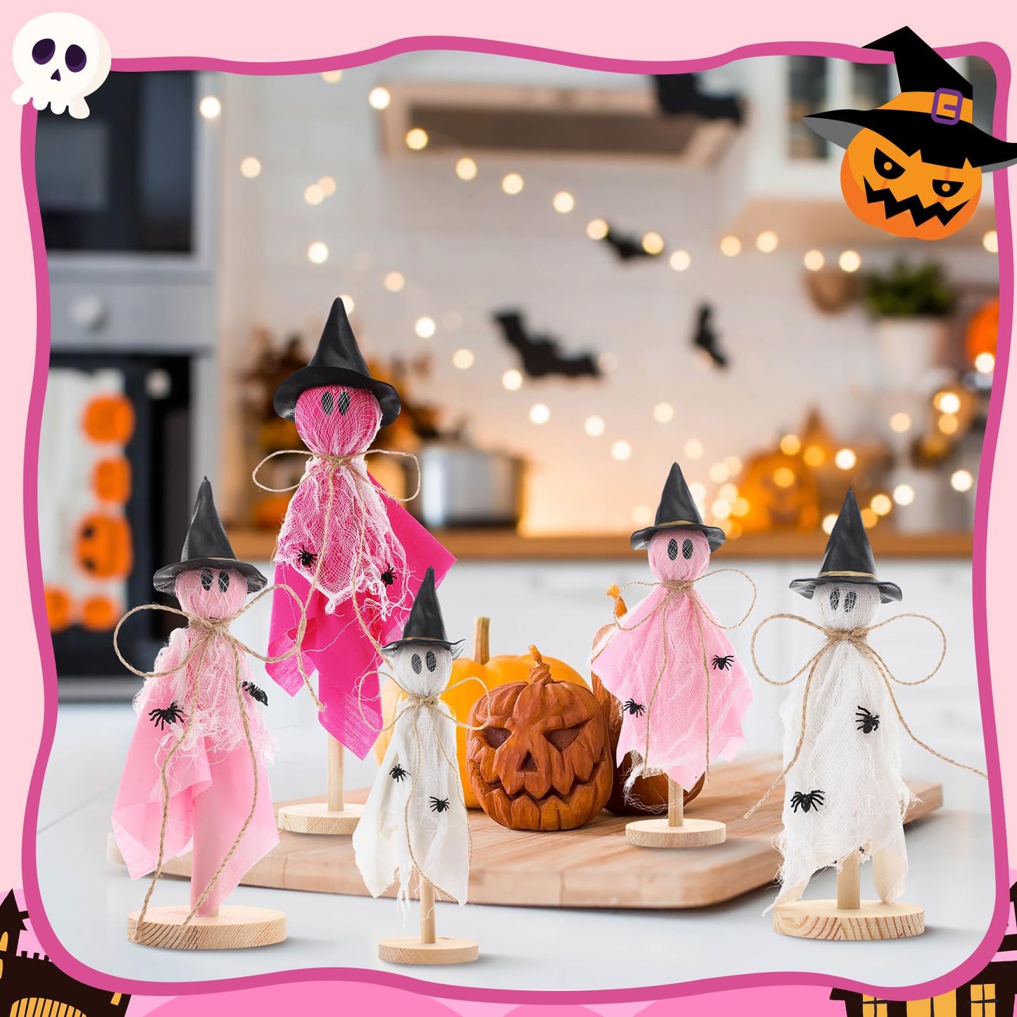 Kathfly 5 Pcs Halloween Ghost Decorations Indoor Primitive Halloween Ghosts with Witch Hat Wooden Stand Pink Ghost Wooden Centerpieces for Home Office Table Tiered Tray Mantel Party Decor
