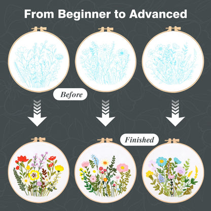 RIHYTFU 3 Pack Flower Embroidery Kits for Beginners, Adults Starter Cross Stitch Kit, DIY Sewing Needlepoint, Floral Plants Patterns Hand Stamped Embroidery Kits