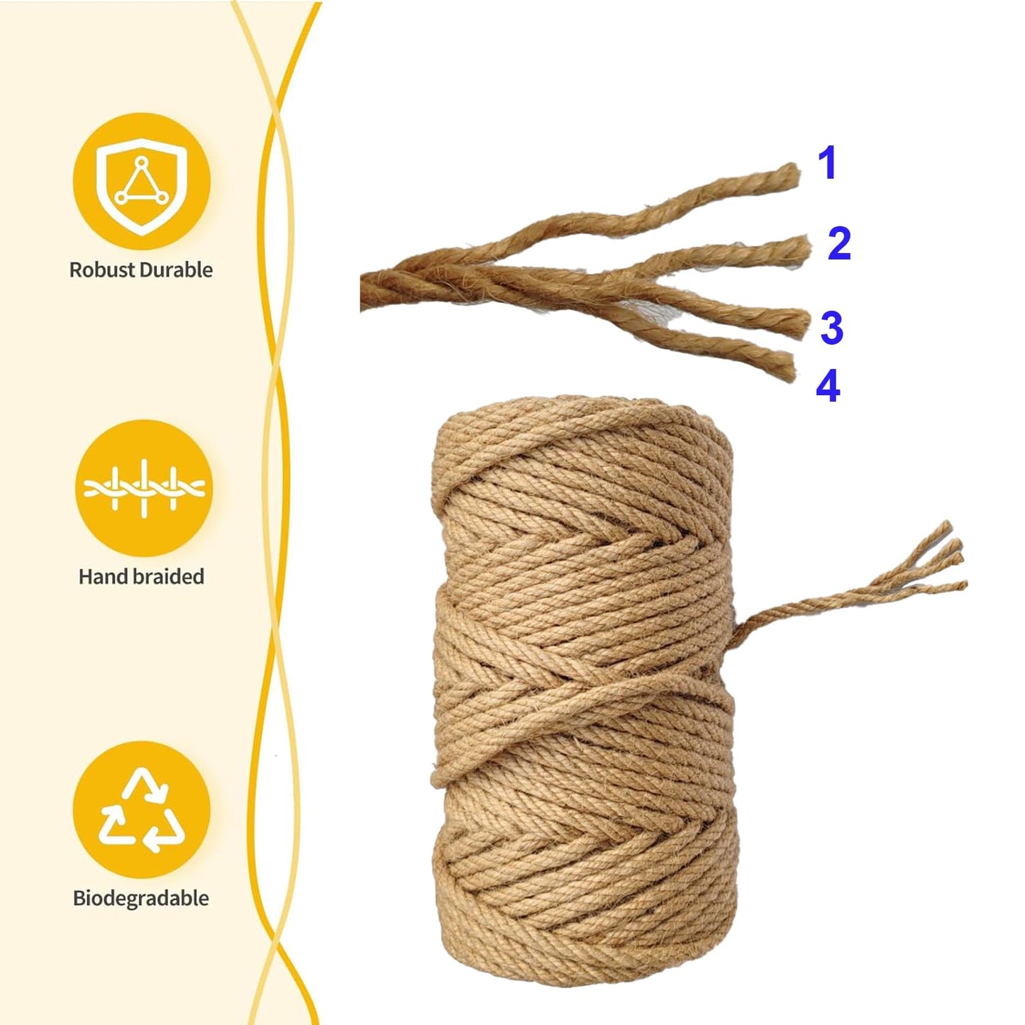 Jute Twine String 6mm(1/4 in) 164 Feet Long Natural Burlap String Rope Brown for Crafts Crafting Gift Wrapping Packing Gardening Crochet Knitting Macrame Decor DIY Arts Craft