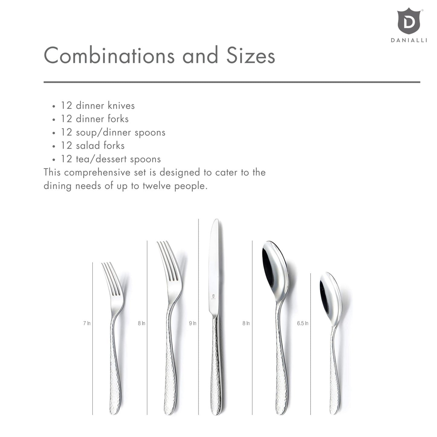 DANIALLI Hammered Silverware Set | Premium 18/10 Stainless Steel Flatware Service for 12 | Heavy-Duty & Dishwasher Safe | Built to Last (60-Piece, Fidenza Hammered)