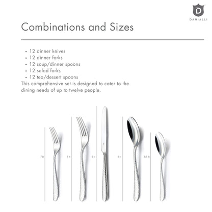 DANIALLI Hammered Silverware Set | Premium 18/10 Stainless Steel Flatware Service for 12 | Heavy-Duty & Dishwasher Safe | Built to Last (60-Piece, Fidenza Hammered)