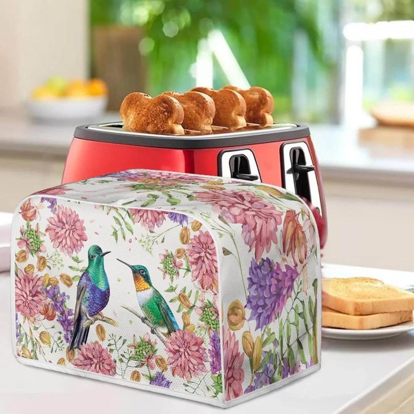 Hummingbird Floral Toaster Cover, Water-Resistant Kitchen Dust Protection for Most Standard 4 Slice Bread Maker