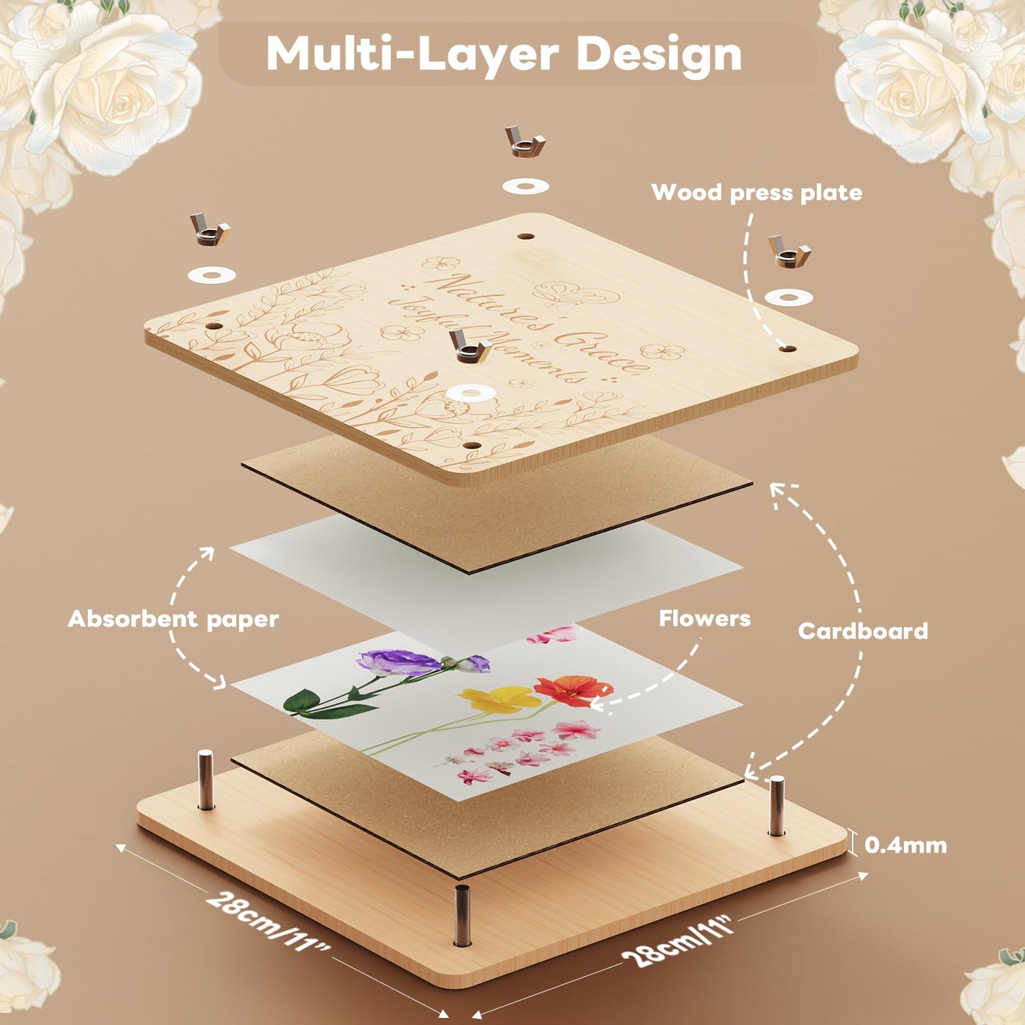 zunmial Flower Press Kit–Craft Kits 11" x 11" Large 10 Layers Wooden Flower Presser for Adults & Teens DIY Bouquet Preservation,Dried Flowers Art,Preservation for Bookmark Frame Wedding Flowers Drying