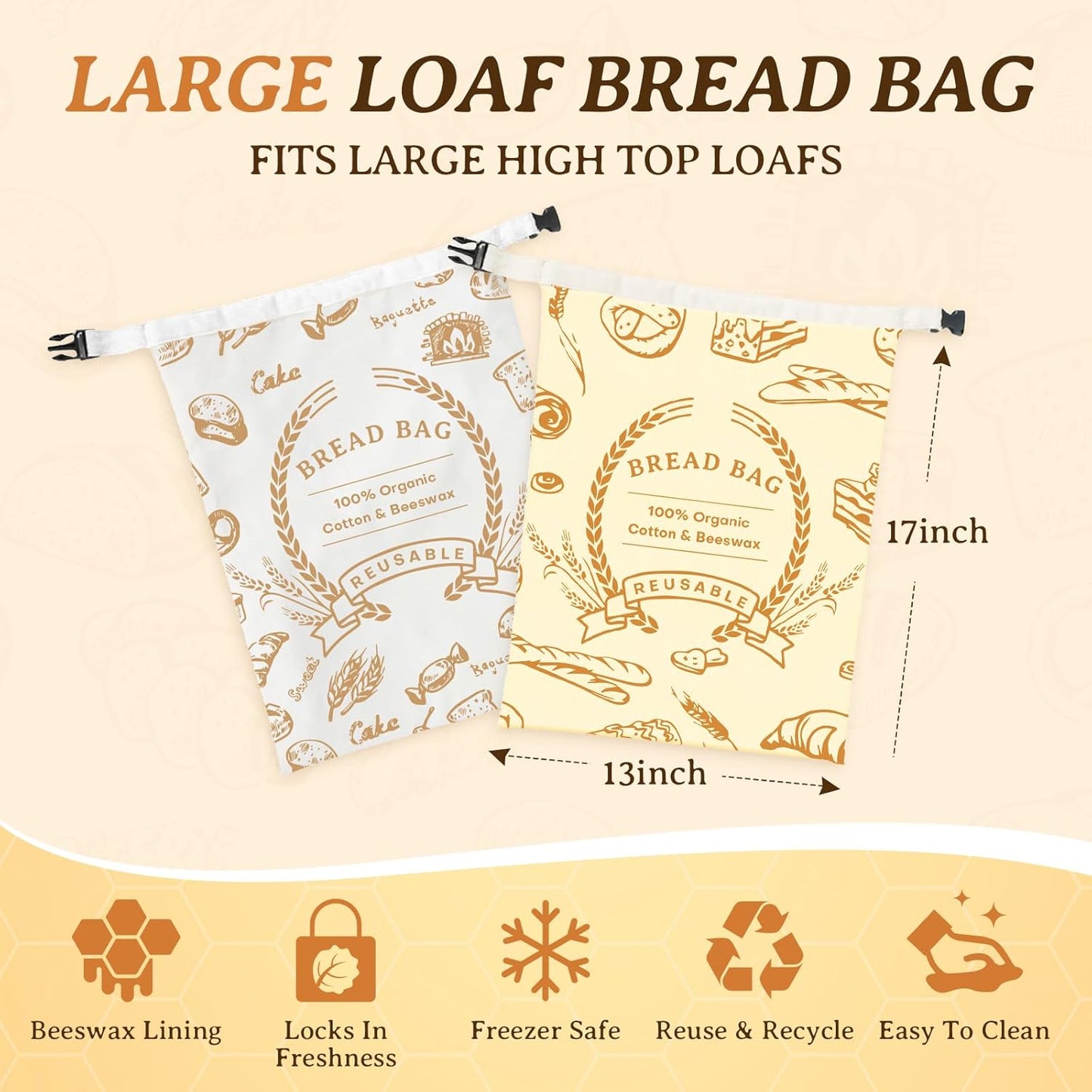 2 Pack Beeswax Bread Bags for Sourdough & Homemade Bread - Natural Cotton Sourdough Reusable Beeswax Food Storage Bag