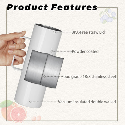 Lilsofee 4 Pack 20 oz Sublimation Blank Tumbler with Handle and Straw Stainless Steel Double Vacuum Insulation Skinny Mug Heat Press Transfer Printing DIY Cups