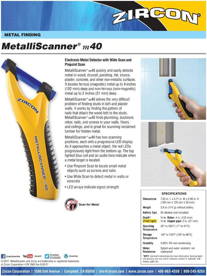 Zircon MetalliScanner m40 - Handheld Electronic Metal Detector for Dry Wall, Concrete, Lathe, Plaster, and More