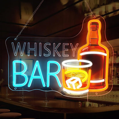 Whiskey Bar Neon Sign, LED Sign for Man Cave Decor, Neon Bar Signs for Home Bar, Bar Wall Art, Cool Whiskey Gifts for Men, Dimmable UV Printed Light Sign, 14.2 x 11.4 In