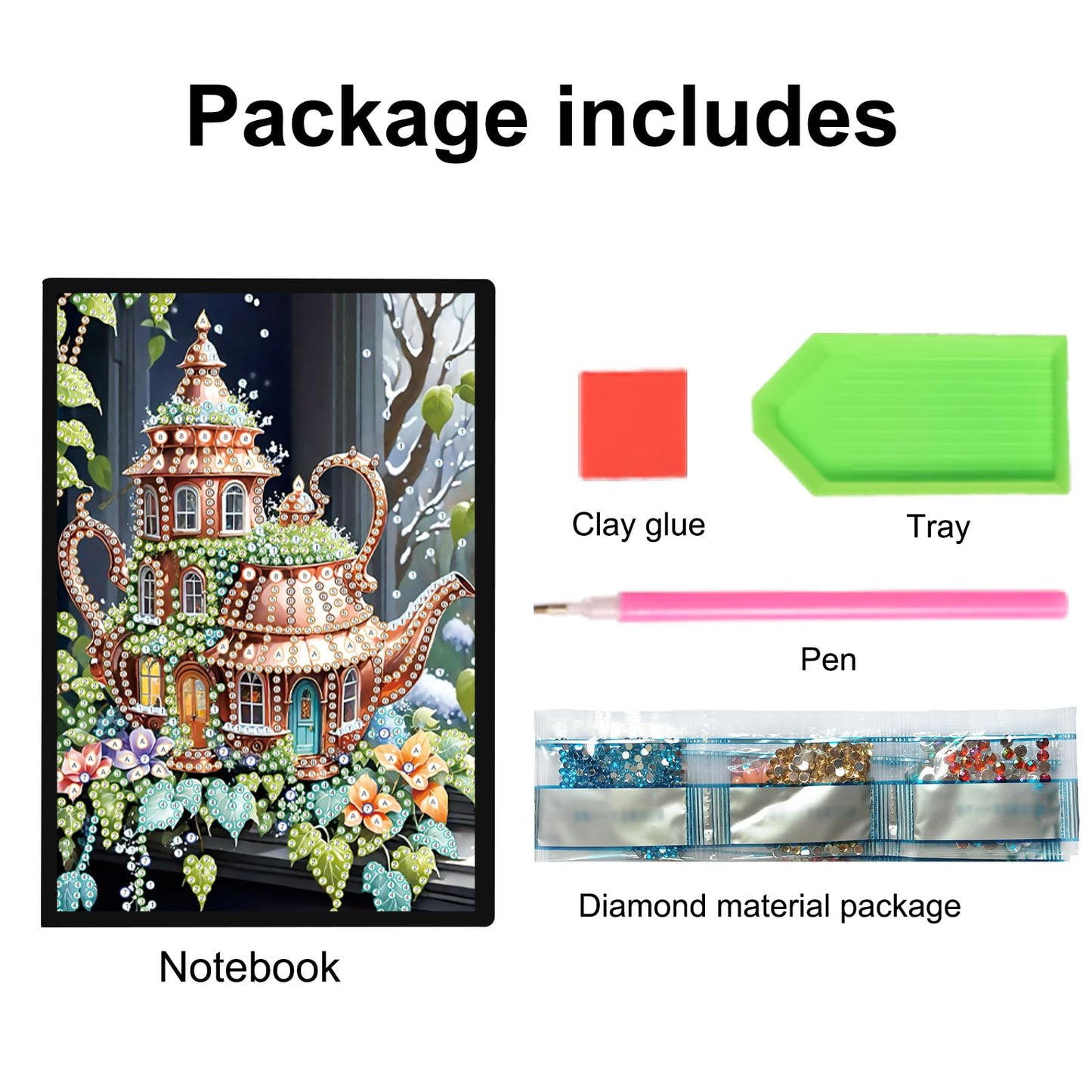 JISHSHAY Diamond Art Notebook Journal Diamond Painting Note Book Gem Art Sketchbook Gem Painting Blank Notebook Mosaic Kits for Adults Diary with Special Shape Drills 14.5×21cm/5.7×8.26in Teapot House