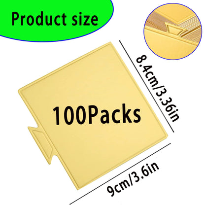 Gold -Square 100pcs 3.6'' Mini Cake Boards Mousse Cupcake Base, Food Grade Cardboard for Cupcakes- for Wedding, displaying cupcakes, mini cakes, Anniversary, Birthday Parties and other pastries.
