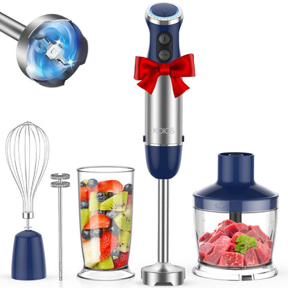 KOIOS 5-in-1 Hand Immersion Blender, 1000W 12 Speed Handheld Blender Stick with Copper Motor Stainless Steel Blade, 600ml Mixing Beaker,500ml Food Processor, Whisk, Milk Frother, Non-BPA, Red
