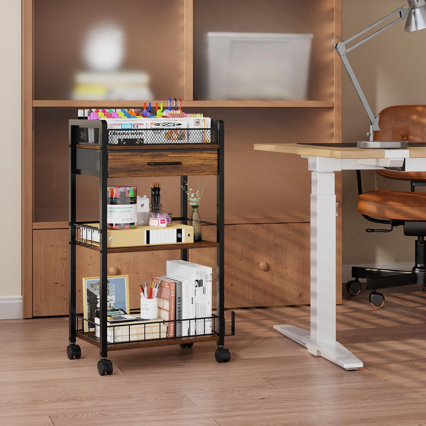 Homsorout 3 Tier Rolling Cart - Metal Utility Cart with Storage Drawer and Wheels, Versatile Art & Craft Organizer for Home, Office, or Studio Ideal for Storing Brushes, Paints, and Supplies Brown
