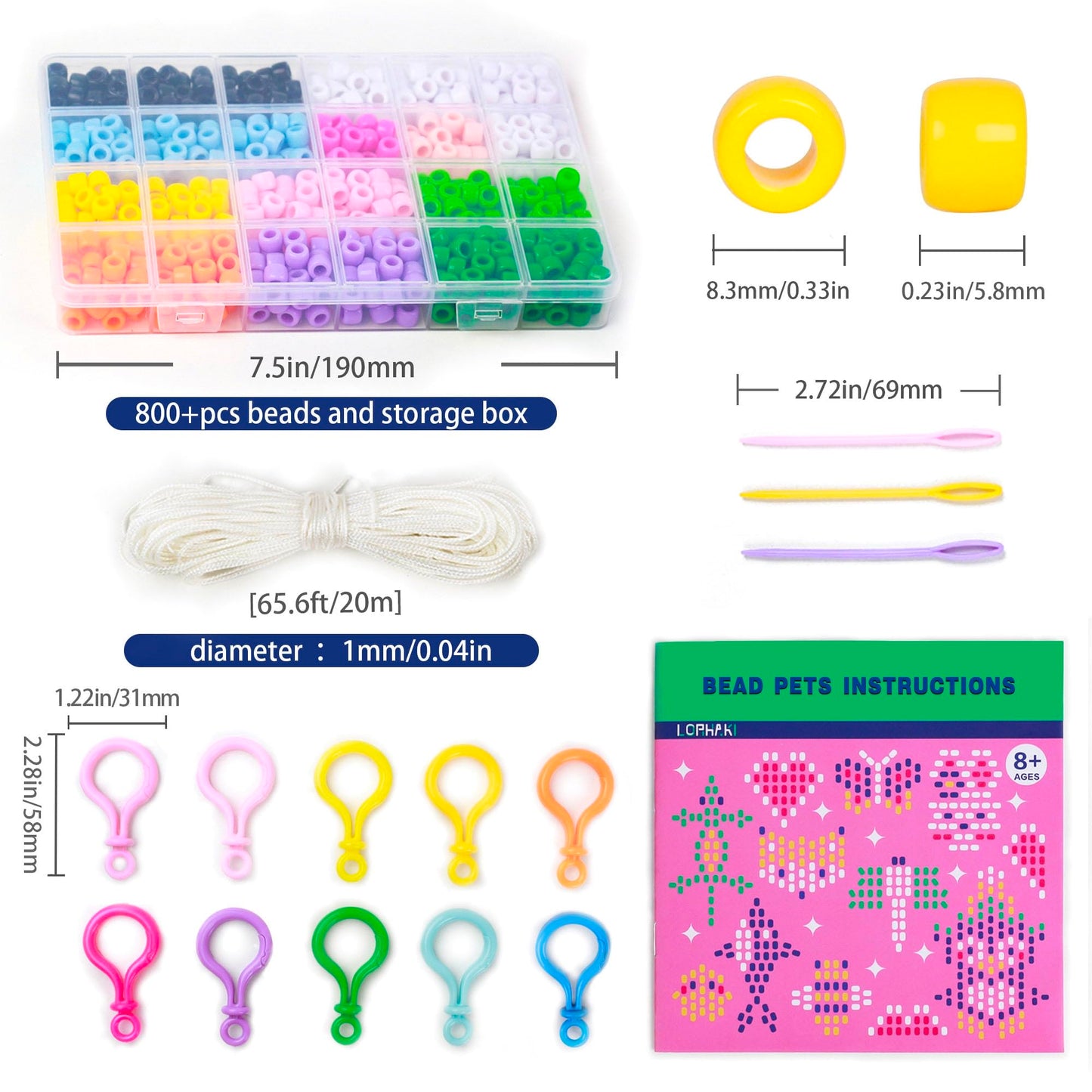 LORHAKI Bead Pets Kit, Art Craft Gift for Kids, Bead Animals Keychain, Art Craft Set for Beginners with Instructions, Pony Beads for Keychain Making Kit, DIY Jewelry Making Kit for Girls