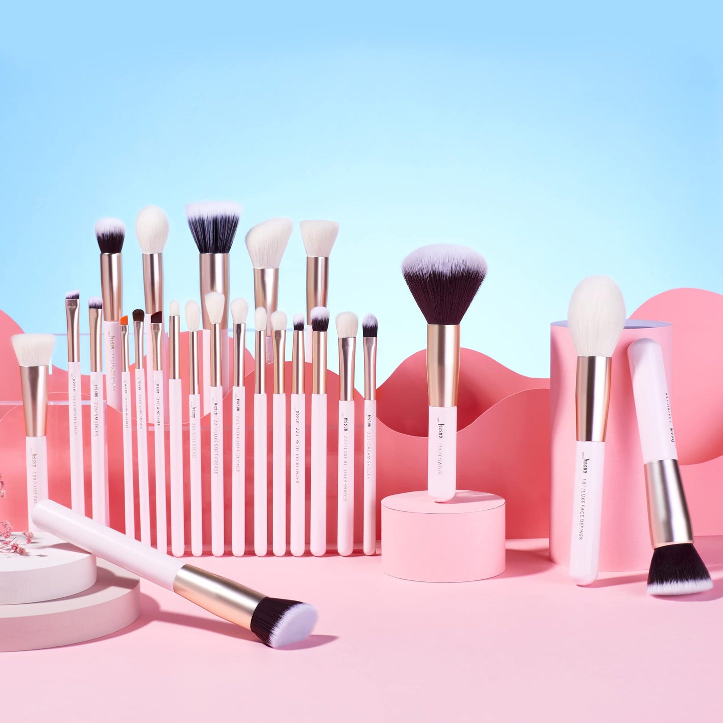 Jessup Brand 25pcs Professional Makeup Brush Set Beauty Cosmetic Foundation Powder Blusher Eyeshadow Blending Highlight Concealer Natural-Synthetic Hair Brushes Set (Pearl White/Silver)