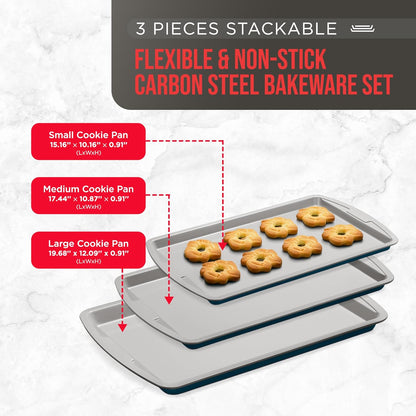 Bakken Swiss Cookie Sheet 3 Piece Set - Non-Stick Stackable Baking Pans with Deluxe Ceramic Coating