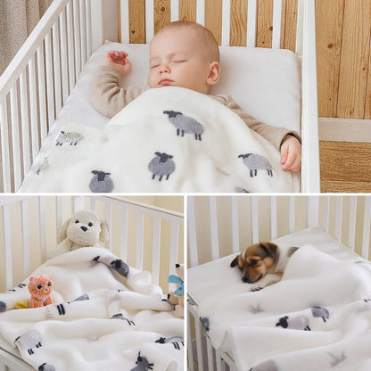 Soft Cozy Sherpa Fleece Baby Blankets Animal Pattern Fluffy Plush Receiving Blanket for Newborn Infant Toddler Thick Warm Crib Stroller Blanket for Boys Girls 30"x40" White Sheep