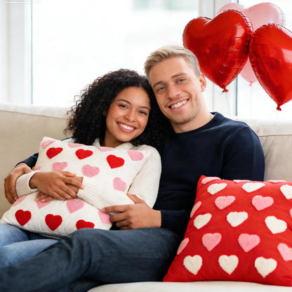 Valentine‘s Day Throw Pillow Covers Set of 2, 18x18 Inch (45x45cm) - White & Red Love Heart Embroidery Decorative Cushion Covers for Couch Sofa Bedroom, Valentine’s Gift for Her, Couples, Anniversary