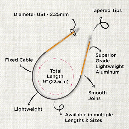 KnitPro Zing Fixed Circular Needles 9" (22.5cm) | US Size 1 (2.25mm)
