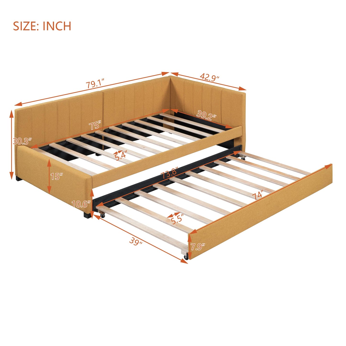 Jintop Twin Size Upholstered Linen Daybed with 2 Trundle,Semi-Closed Design,Solid Wood Bed Frame,W/Backrest and Slat Support,No Box Spring Needed,for Apartment Bedroom,Yellow